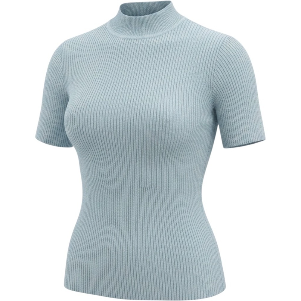 Susan Graver Style Light Blue Metallic‎ Ribbed Mock Neck Short Sleeve Sweater M